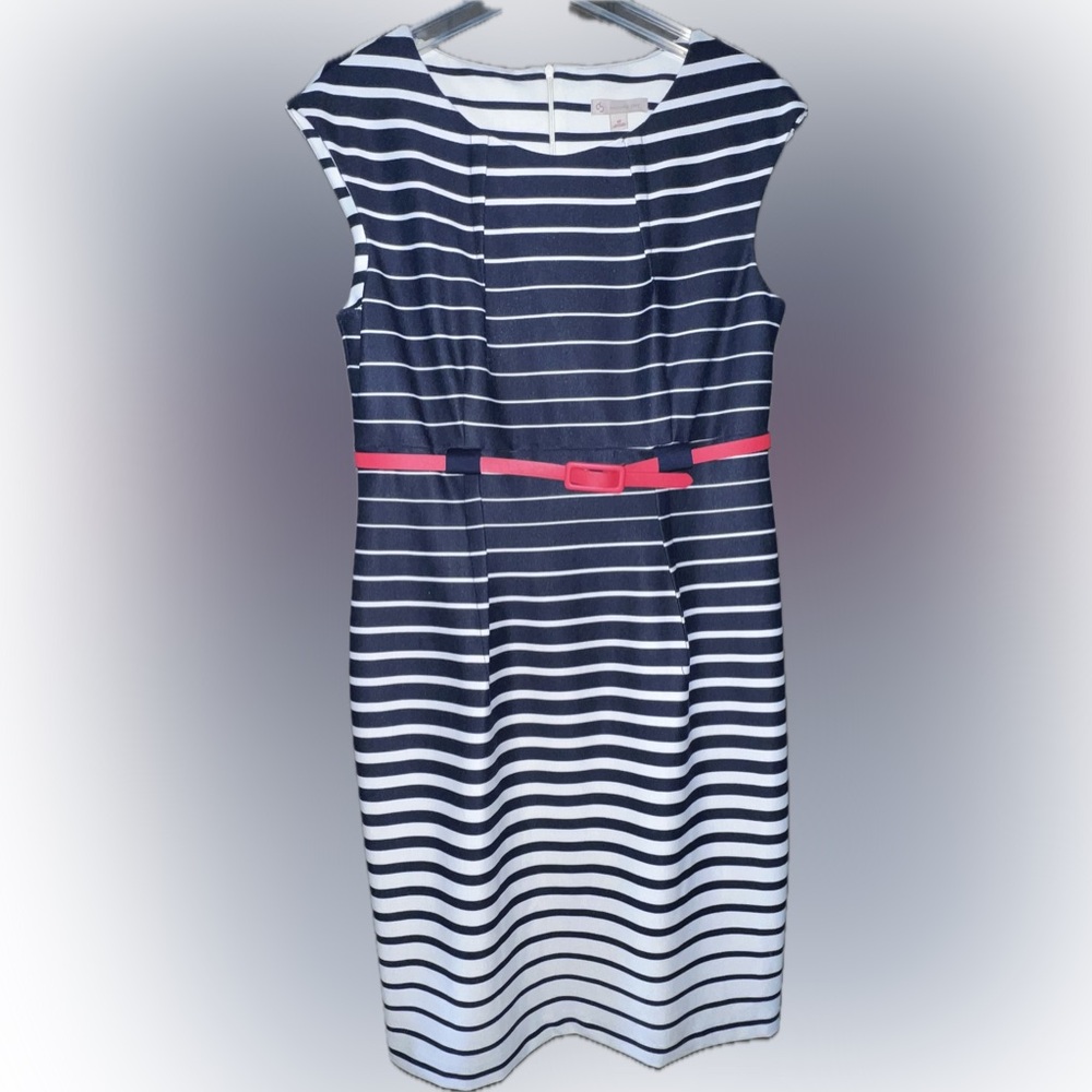 Dressbarn Knit Midi Dress, Navy & White Striped W/Red Belt, Size 12, EUC